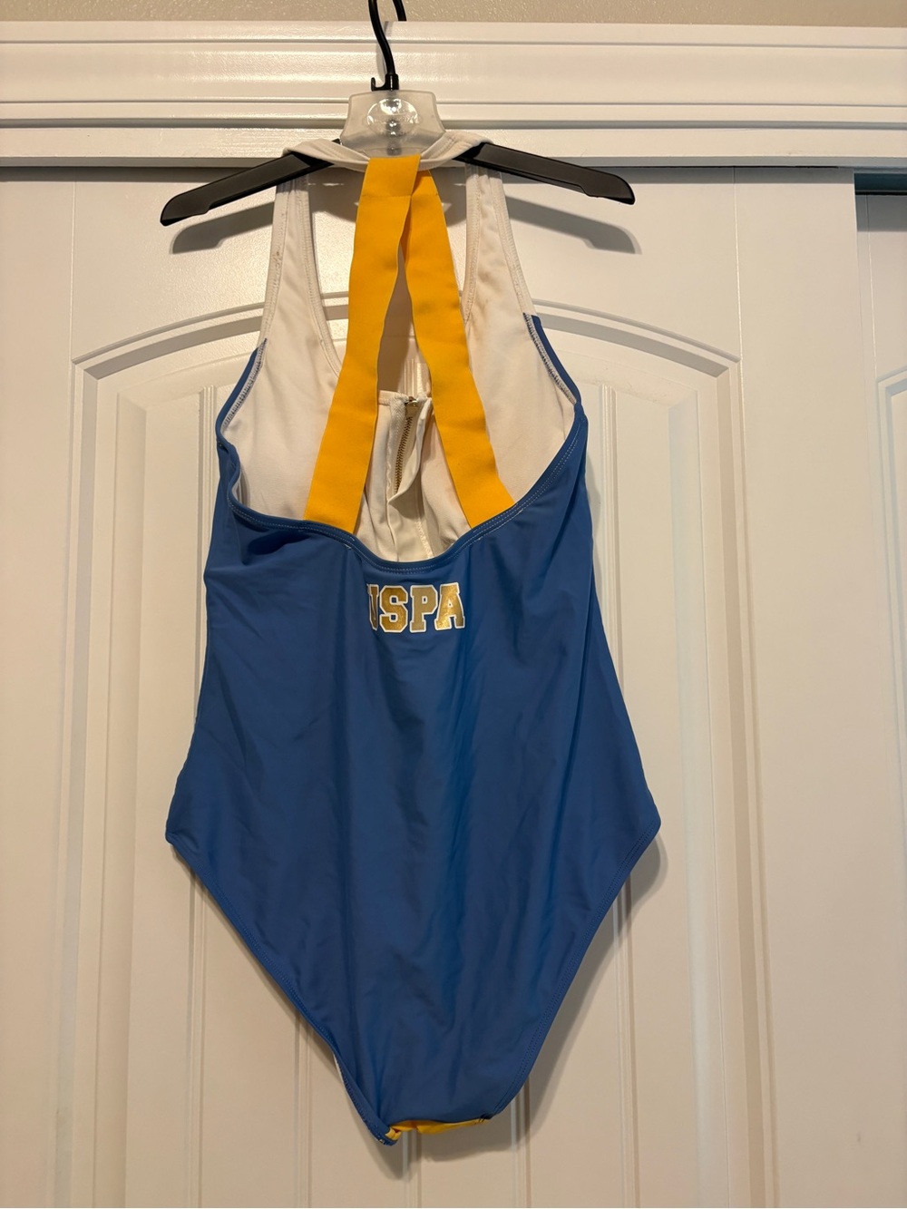 U.S. Polo Assn. White, Blue & Yellow Colorblock Zip-Front One-Piece - Picture 4 of 8